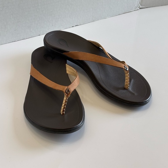 Olukai Ho'opio Flip Flops Women's 6/36 Brown Leather Thong Sandals Slip On Flats - Picture 10 of 15